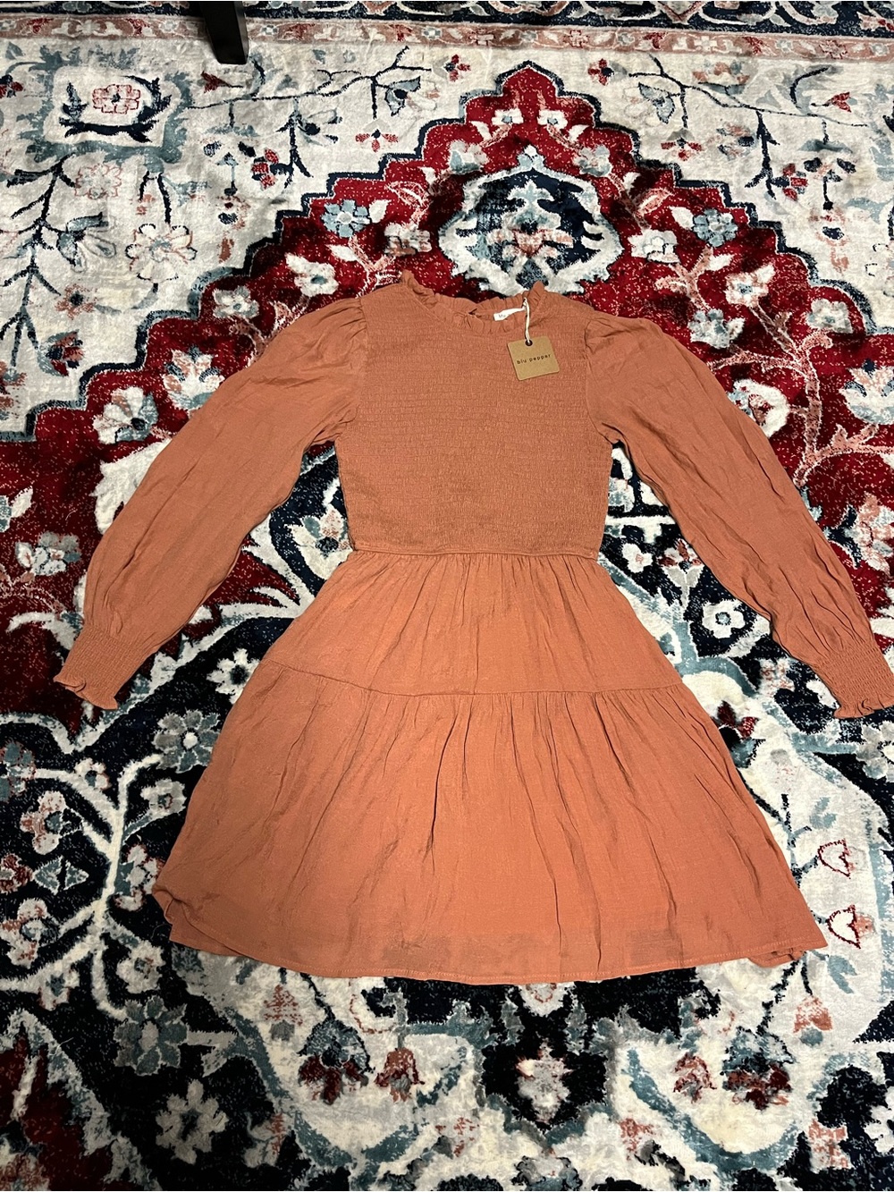 Blu Pepper Rust Orange Textured Tiered Romantic Boho Mini Dress. New with tags.